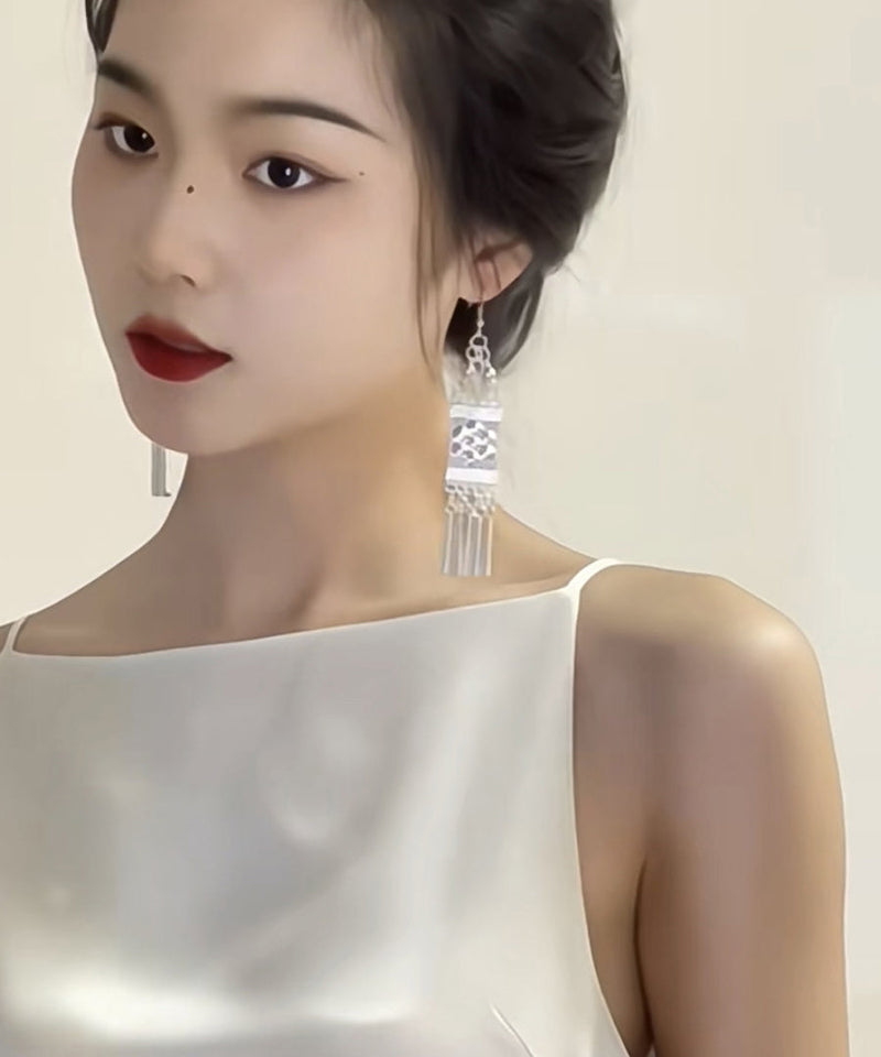 White Alloy Tassel Holiday Drop Earrings