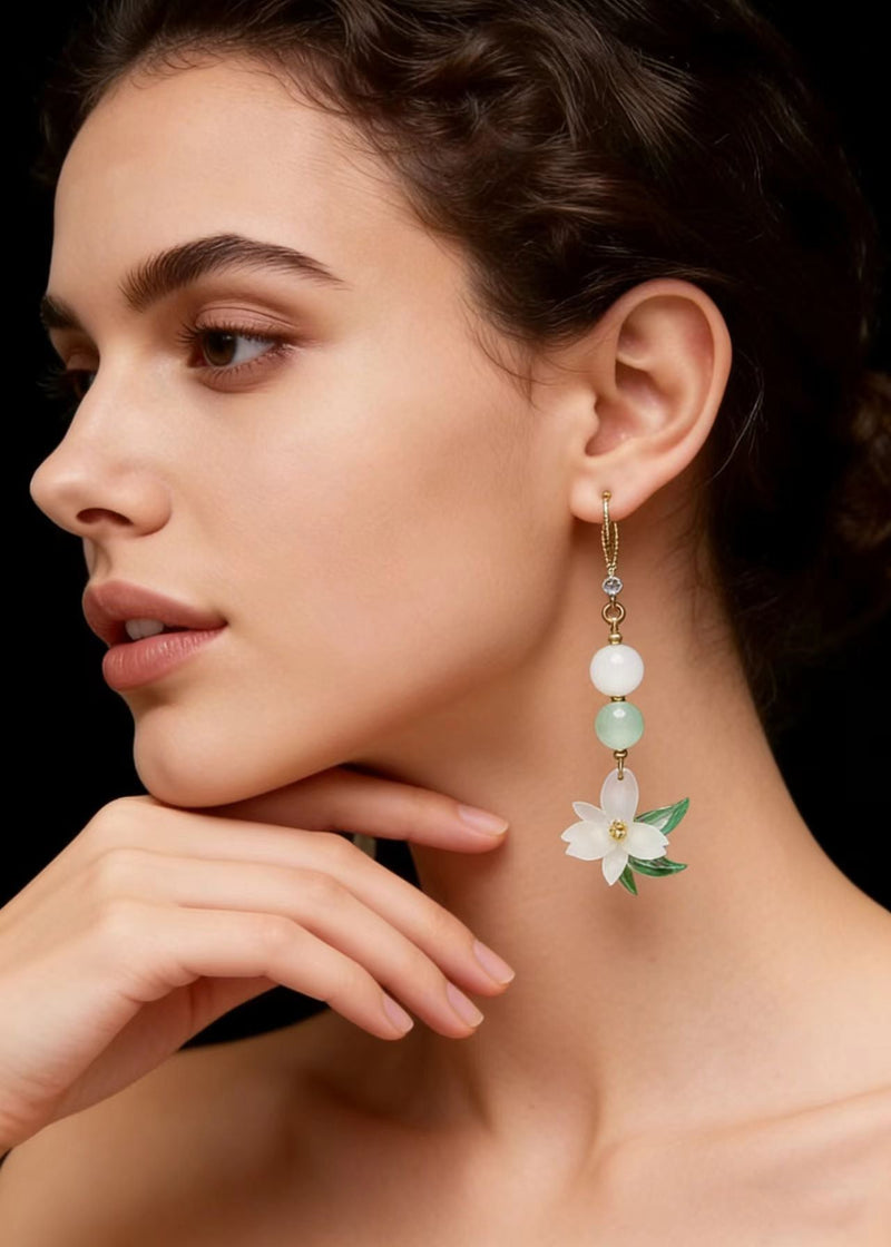 White Jade Lotus Flower Drop Earrings
