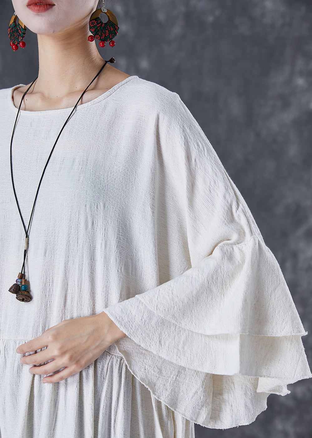 White Oversized Exra Large Hem Linen Maxi Dresses Flare Sleeve Td1057