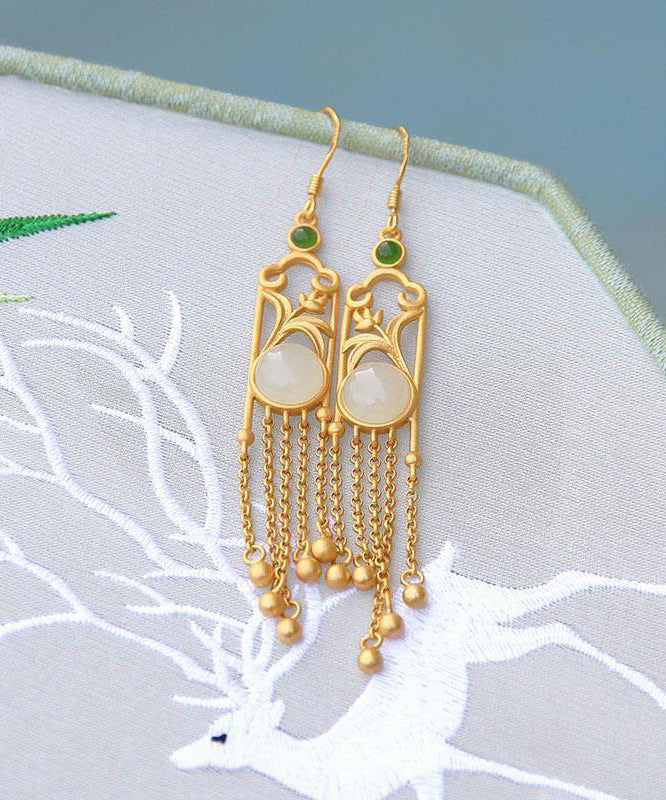 White Sterling Silver Jade Tassel Drop Earrings