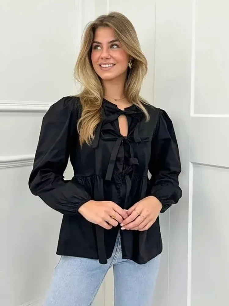 Puff Sleeve Bow Button Blouse