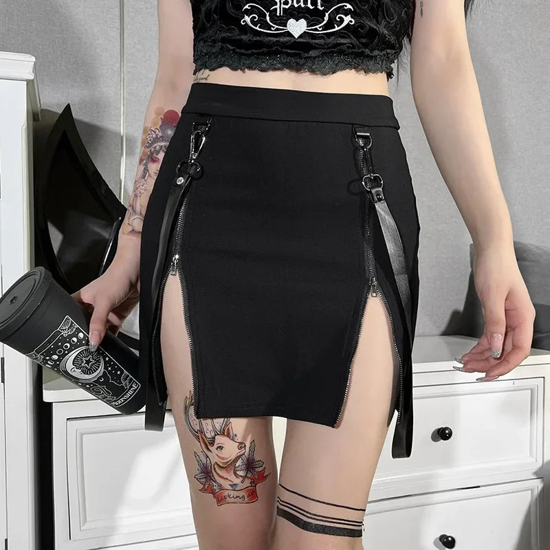 Y2k Dark Double Zipper Bag Hip Split Gothic Design Tight Harajuku Black Gothic Bag Hip Skirt