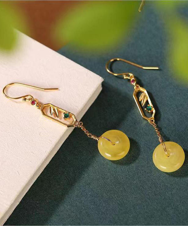 Yellow Sterling Silver Beeswax Amber Ping Buckle Drop Earrings