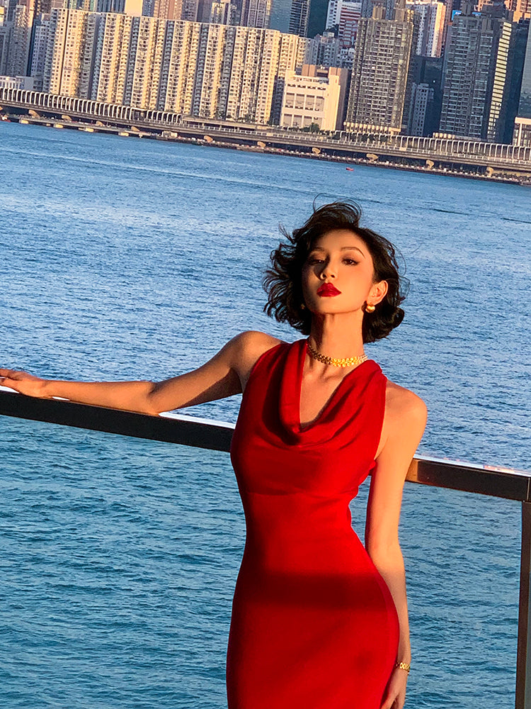 Red Off-shoulder Draped Slim-fit Maxi Dress