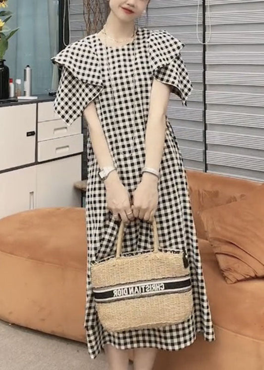 Vogue Black Plaid Tie Waist Long Dresses Short Sleeve Vb1046