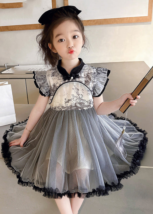 Vogue Black Stand Collar Ruffled Patchwork Tulle Kids Long Dresses Sleeveless Mn032