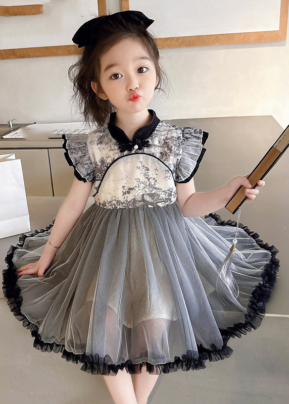 Vogue Black Stand Collar Ruffled Patchwork Tulle Kids Long Dresses Sleeveless Mn032