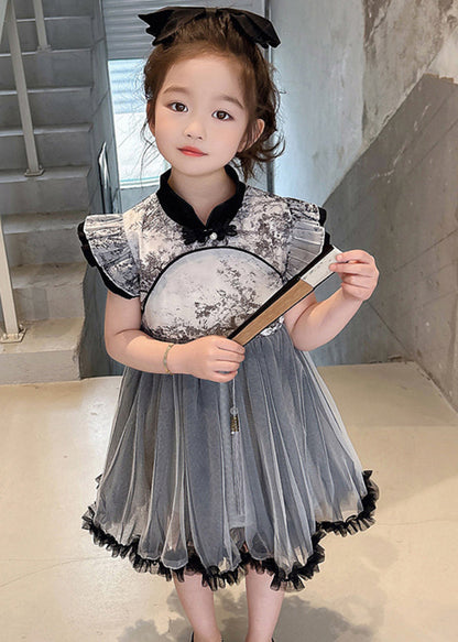 Vogue Black Stand Collar Ruffled Patchwork Tulle Kids Long Dresses Sleeveless Mn032