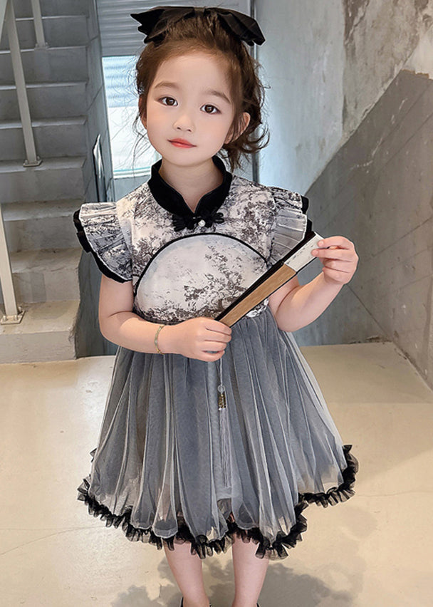 Vogue Black Stand Collar Ruffled Patchwork Tulle Kids Long Dresses Sleeveless Mn032