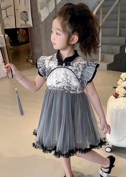 Vogue Black Stand Collar Ruffled Patchwork Tulle Kids Long Dresses Sleeveless Mn032