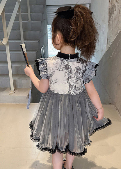 Vogue Black Stand Collar Ruffled Patchwork Tulle Kids Long Dresses Sleeveless Mn032