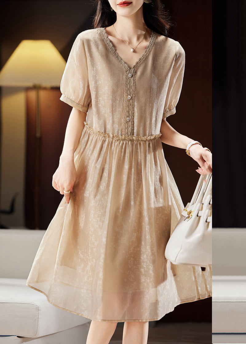 Vogue Champagne Ruffled V Neck Lace Patchwork Maxi Dresses Summer Ww046