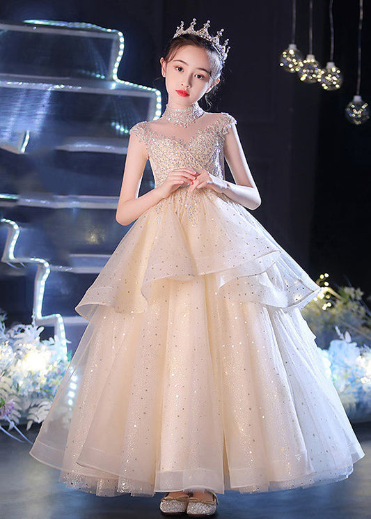 Vogue Champagne V Neck Sequins Patchwork Tulle Long Dress Sleeveless Xz038
