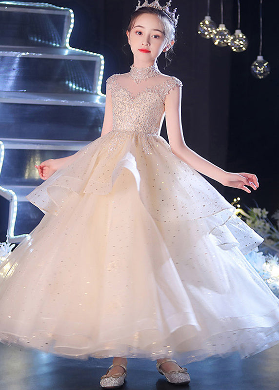 Vogue Champagne V Neck Sequins Patchwork Tulle Long Dress Sleeveless Xz038