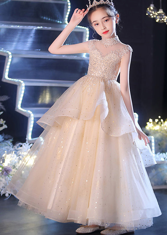 Vogue Champagne V Neck Sequins Patchwork Tulle Long Dress Sleeveless Xz038
