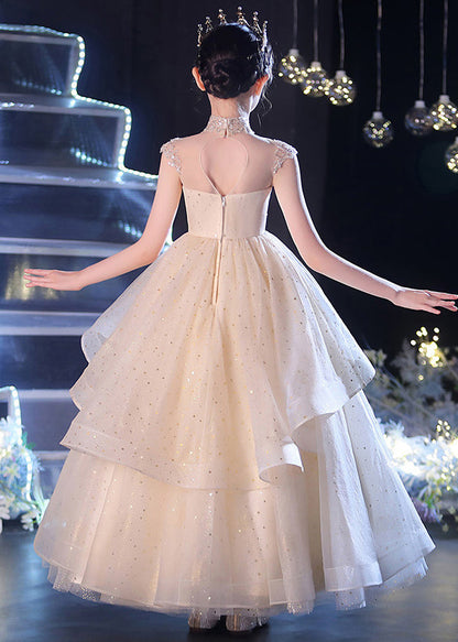 Vogue Champagne V Neck Sequins Patchwork Tulle Long Dress Sleeveless Xz038