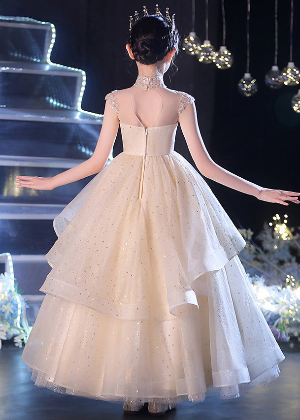 Vogue Champagne V Neck Sequins Patchwork Tulle Long Dress Sleeveless Xz038