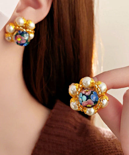 Vogue Gold Copper Overgild Coloured Glaze Pearl Stud Earrings