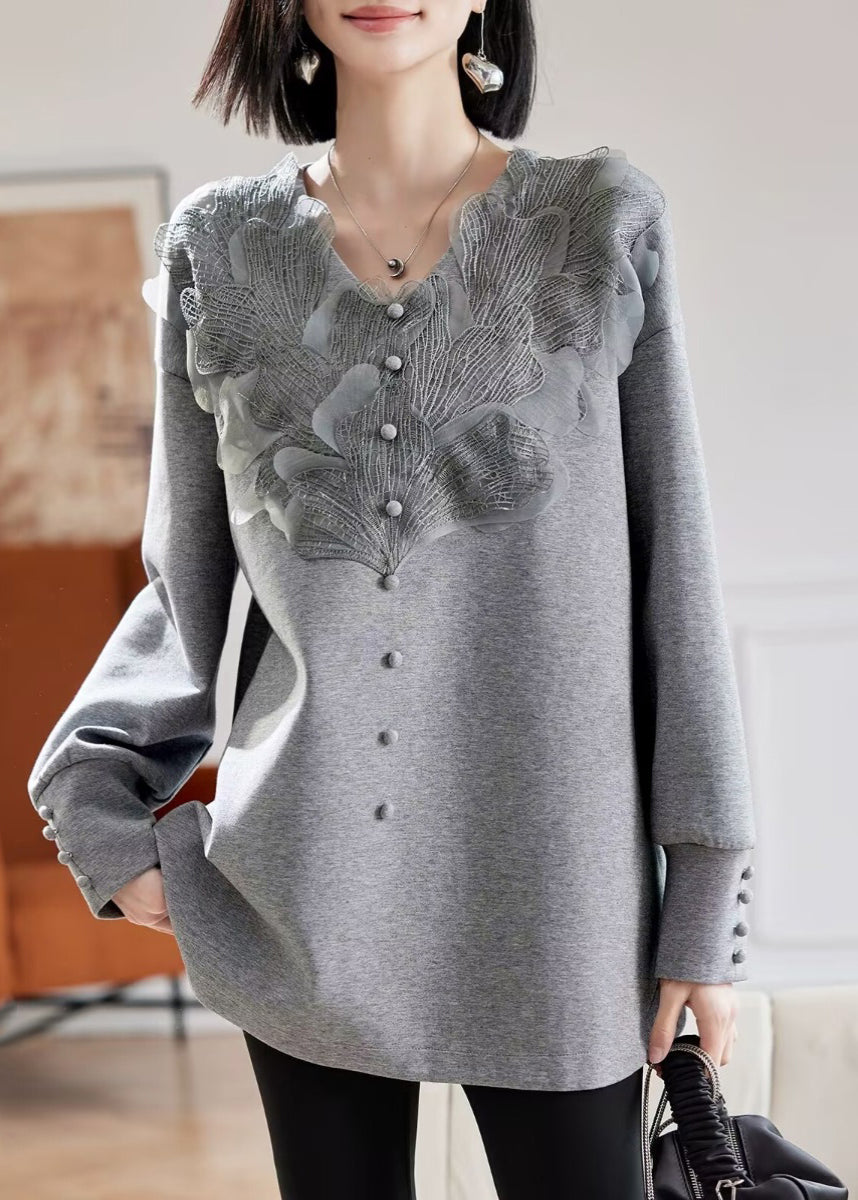 Vogue Grey V Neck Lace Patchwork Sweatshirts Spring Te035
