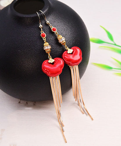 Vogue Red 14k Gold Cinnabar Ruyi Tassel Drop Earrings