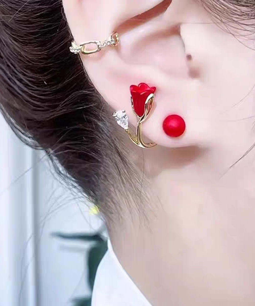 Vogue Red Alloy Zircon Dripping Glaze Pearl Stud Earrings