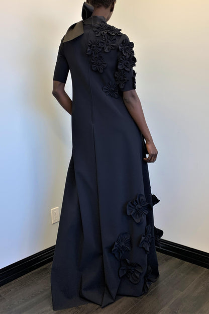 3d Flower Lace Up Mid Sleeve Maxi Dress