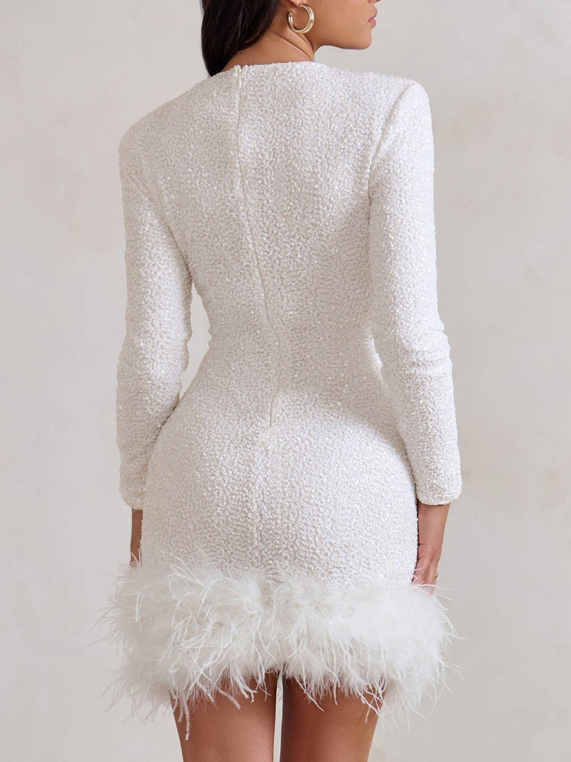 High Neck White Sequin Feather Hem Mini Dress