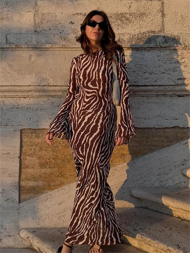 Autumn Long Sleeve Zebra Print Bodycon Maxi Dress