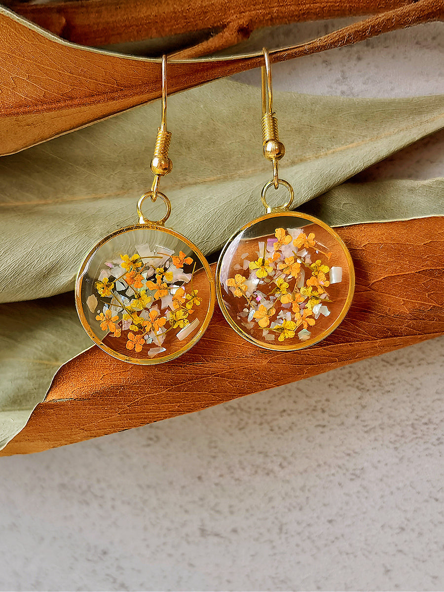 Pressed Flower Earrings -yellow Lily Resin