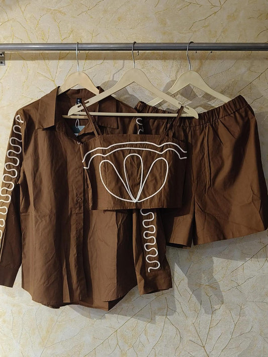 Embroidered Shirt With Spaghetti Top & Shorts Coord Set