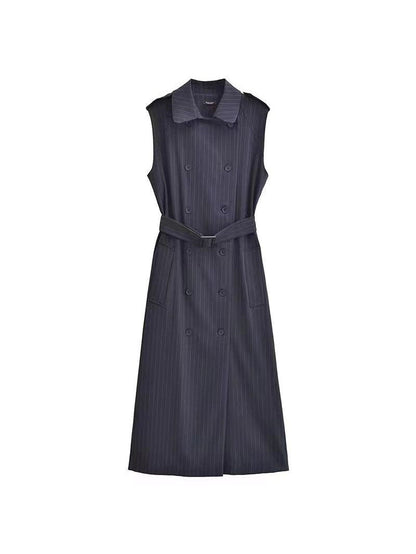Striped Sleeveless Midi Dress With Belt