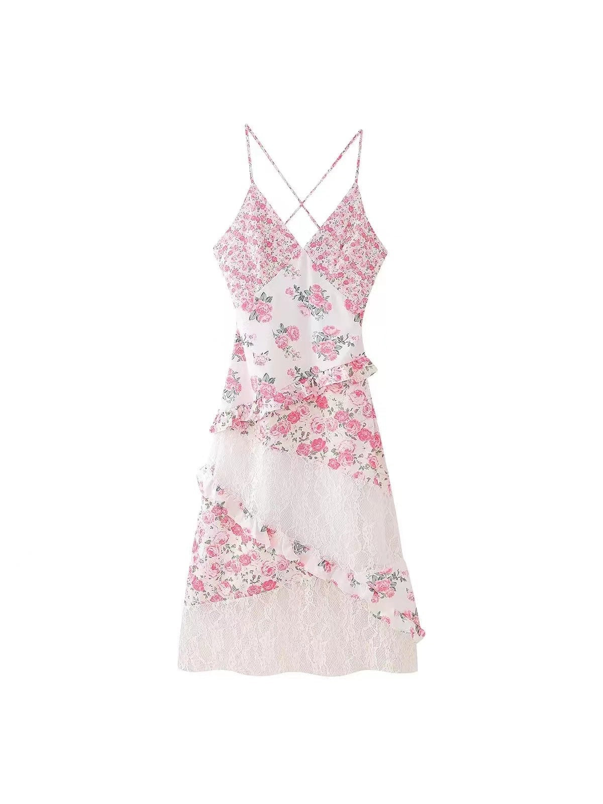 Backless Print Spaghetti Strap Lace Maxi Dress