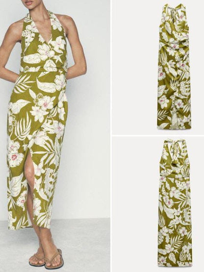 Print Halterneck Backless Slit Maxi Dress