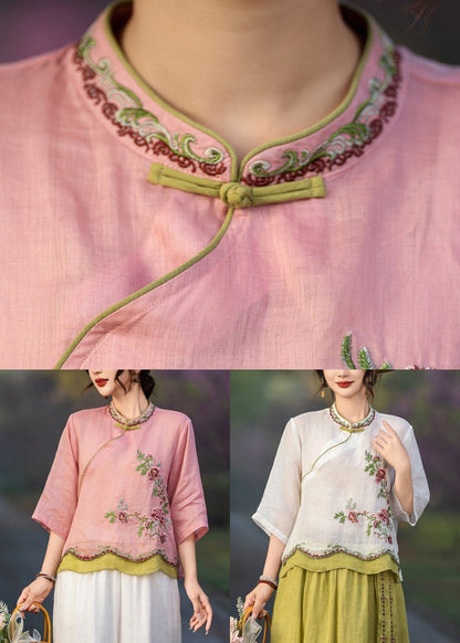 Patchwork Linen Button Summer White Blouses Embroidered