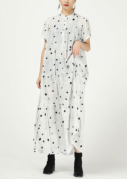 White Button Print Cotton Long Dress Stand Collar Summer Aa1008