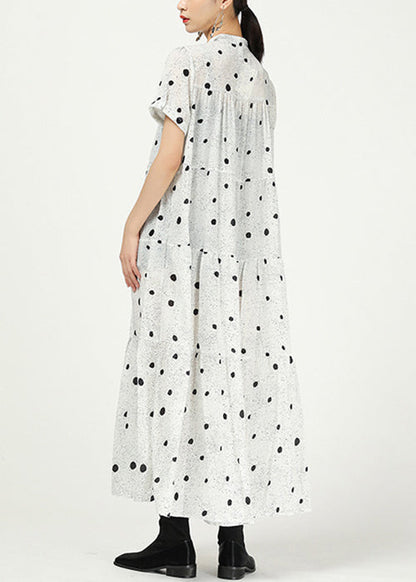 White Button Print Cotton Long Dress Stand Collar Summer Aa1008