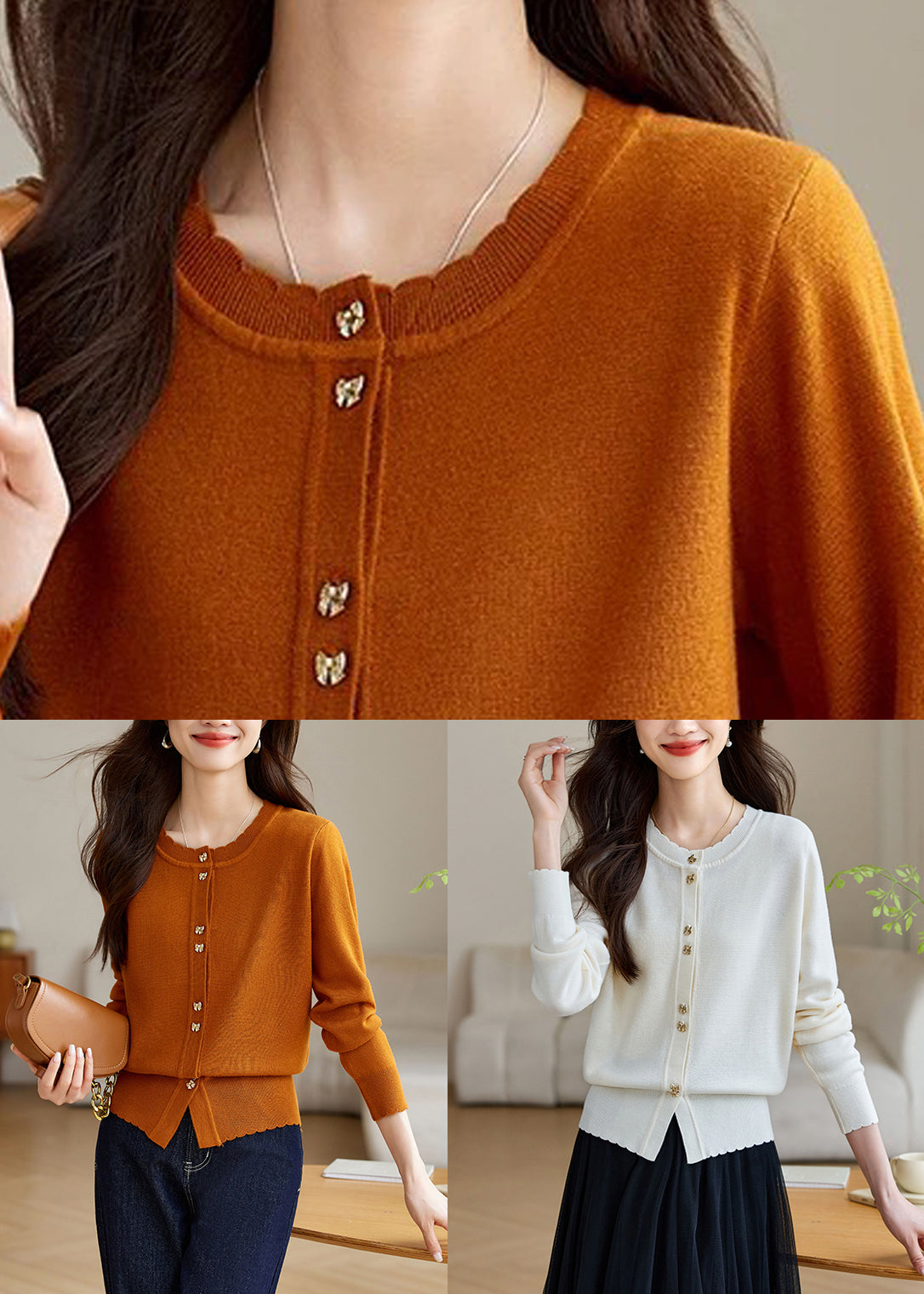 New Orange O Neck Button Cozy Wool Knit Coat Fall Qv062