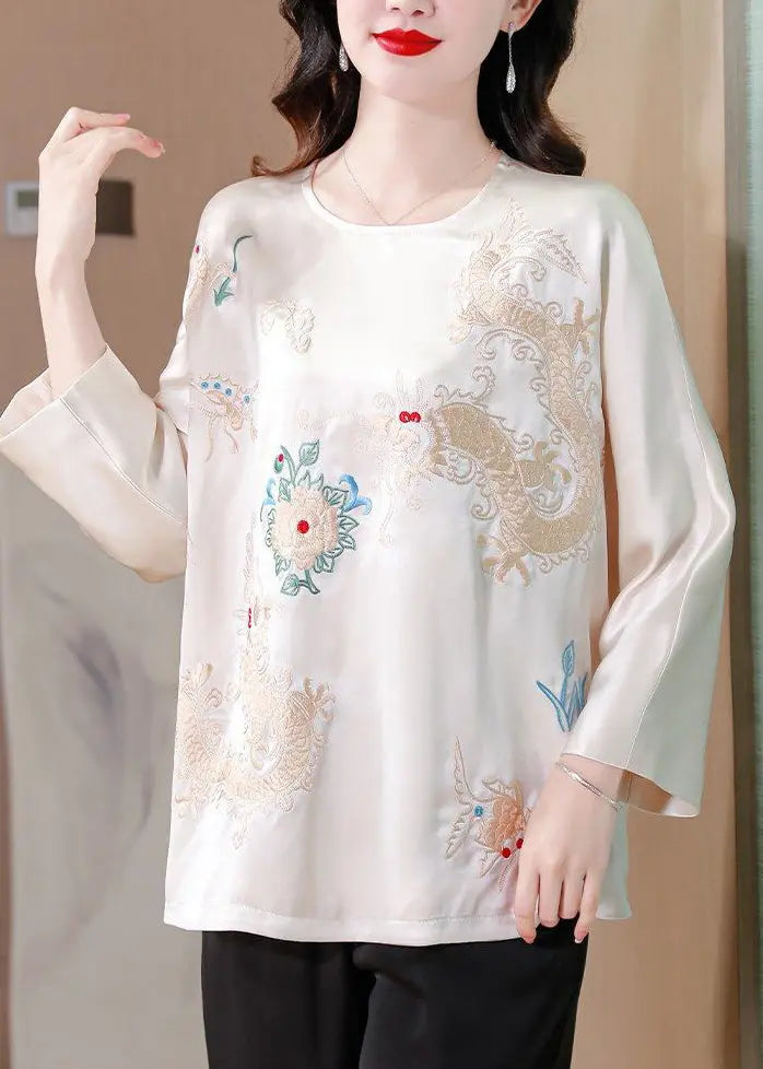 White Draping Silk Blouses Embroidered Spring Ha1020