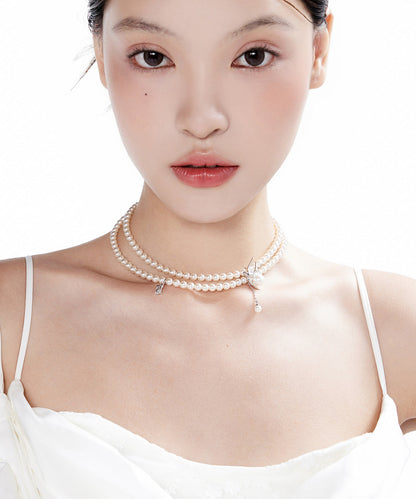 White Light Swallow Pearl Double Layered Alloy Necklace