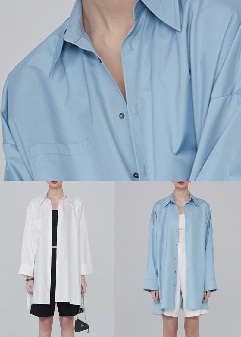 Blue Button Pockets Patchwork Cotton Blouses Fall Tu015