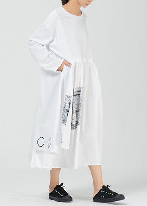 White Pockets Patchwork Cotton Long Dress O Neck Spring Aa1009