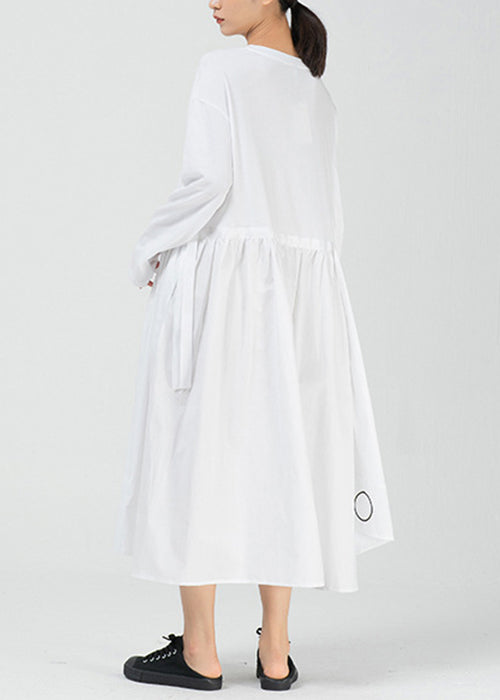 White Pockets Patchwork Cotton Long Dress O Neck Spring Aa1009