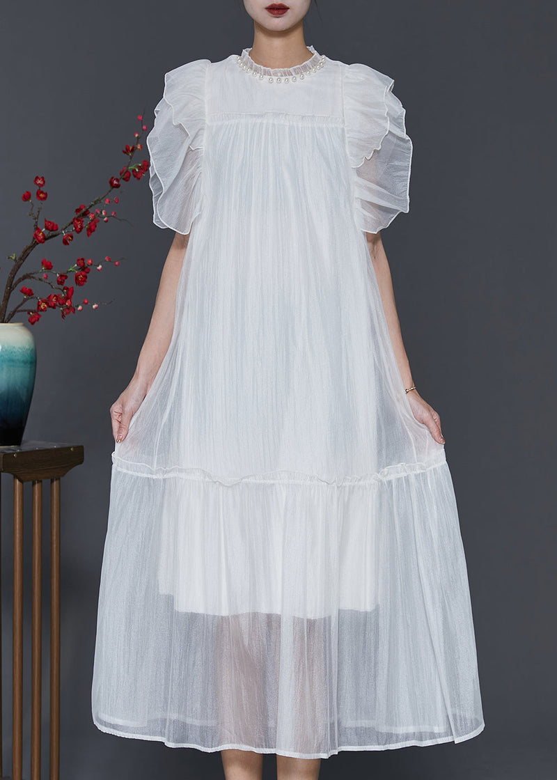 White Silk Long Dress Ruffled Nail Bead Petal Sleeve Sd1068