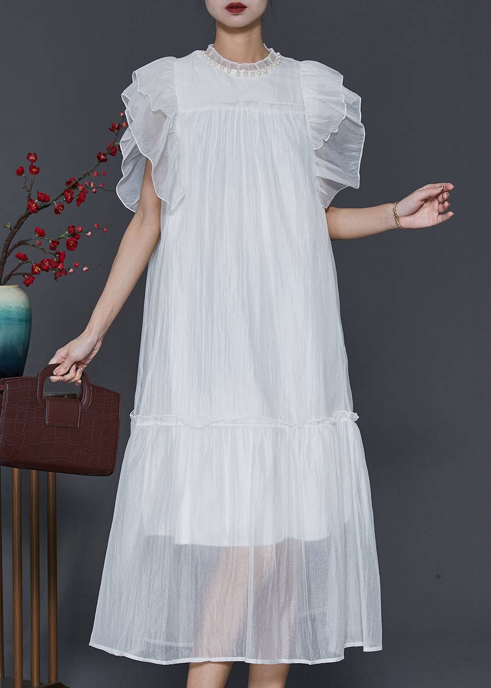 White Silk Long Dress Ruffled Nail Bead Petal Sleeve Sd1068