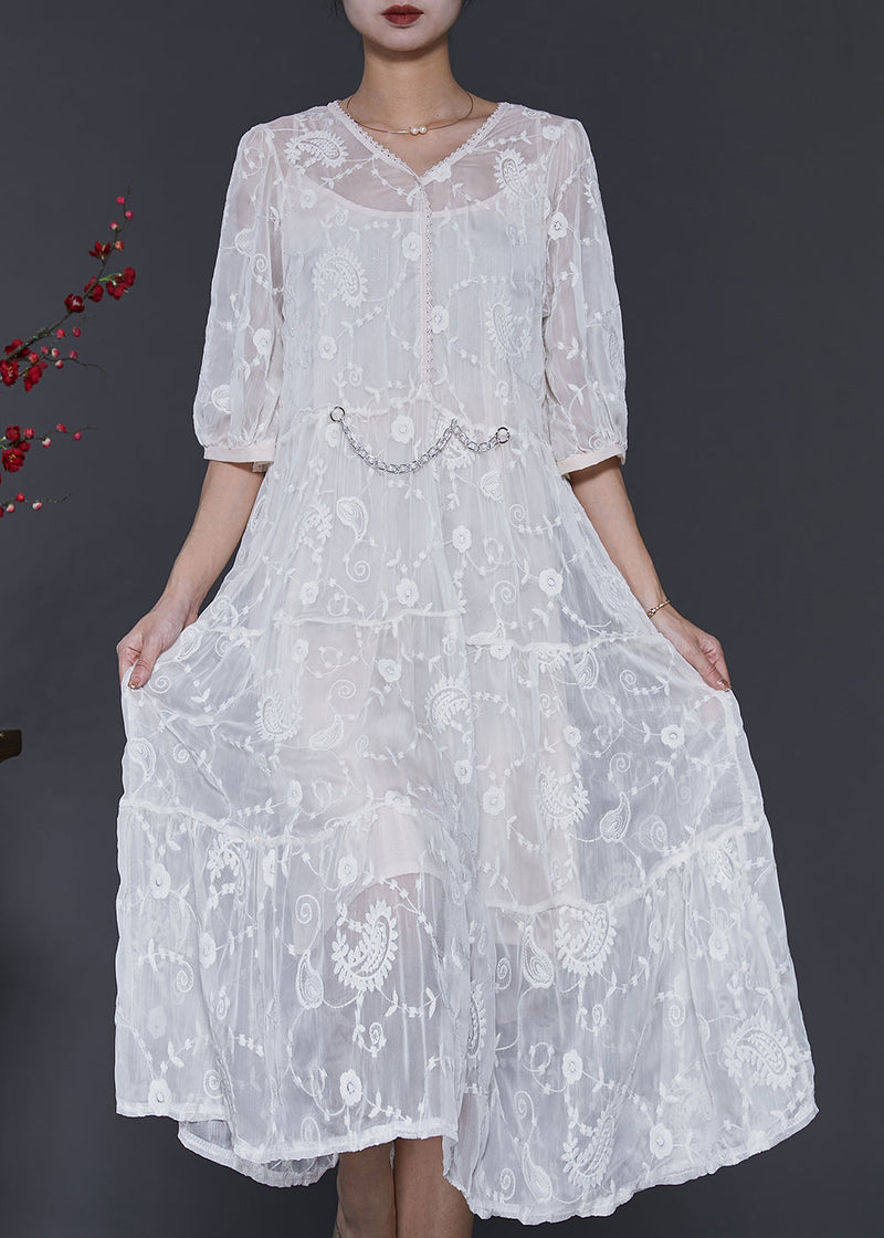 White Silk Maxi Dress V Neck Embroidered Half Sleeve Sd1073