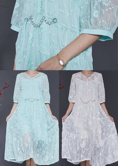 White Silk Maxi Dress V Neck Embroidered Half Sleeve Sd1073