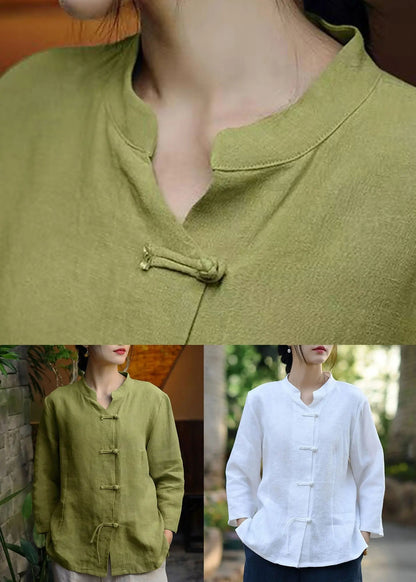 Green Stand Collar Button Linen Coats Long Sleeve Cg1040