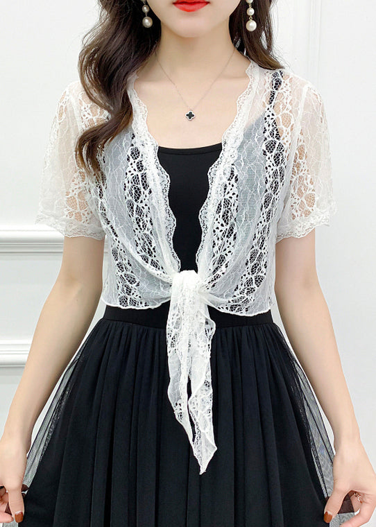 White Hollow Out Lace Cardigan V Neck Short Sleeve As1024