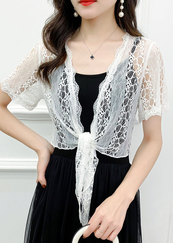 White Hollow Out Lace Cardigan V Neck Short Sleeve As1024