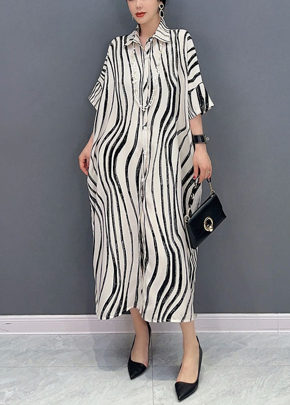 White Zebra Pattern Maxi Dress Oversized Turn-down Collar Summer Ly1589
